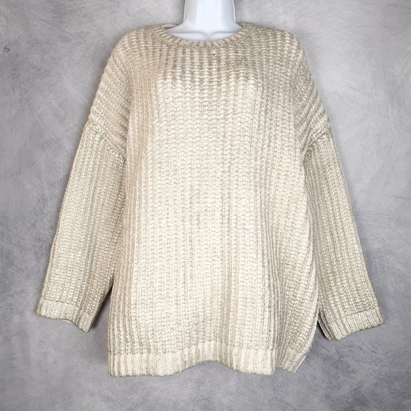 Zara Sweater Womens Large Gold Metallic Knit Oversized Pullover Crewneck Chunky - Picture 2 of 16